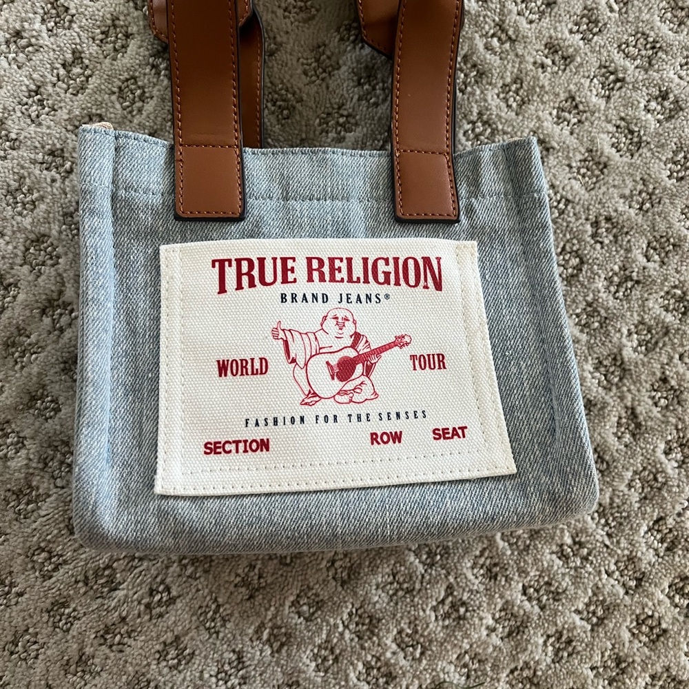 Mini True Religion denim bag with tan straps